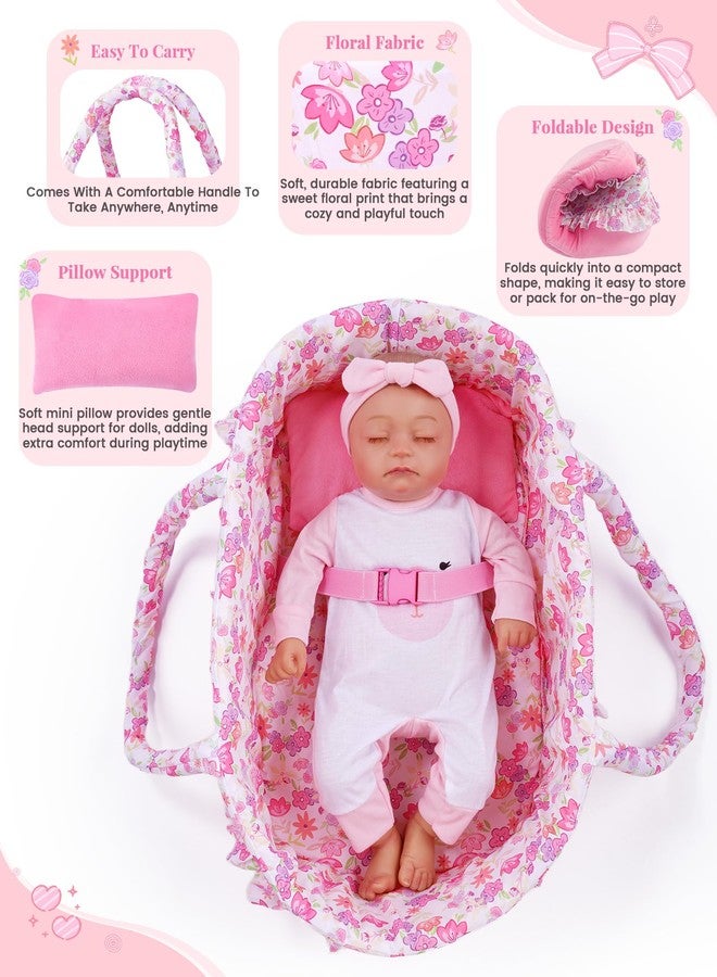 BABESIDE 2 Pcs Reborn Baby Doll Accessories, Pink Floral Baby Doll Bassinet with Pillow and Built-in Carrier, Foldable Doll Bed with Handle for 17-22 Inch Lifelike Dolls (Dolls Not Included) - Image 4
